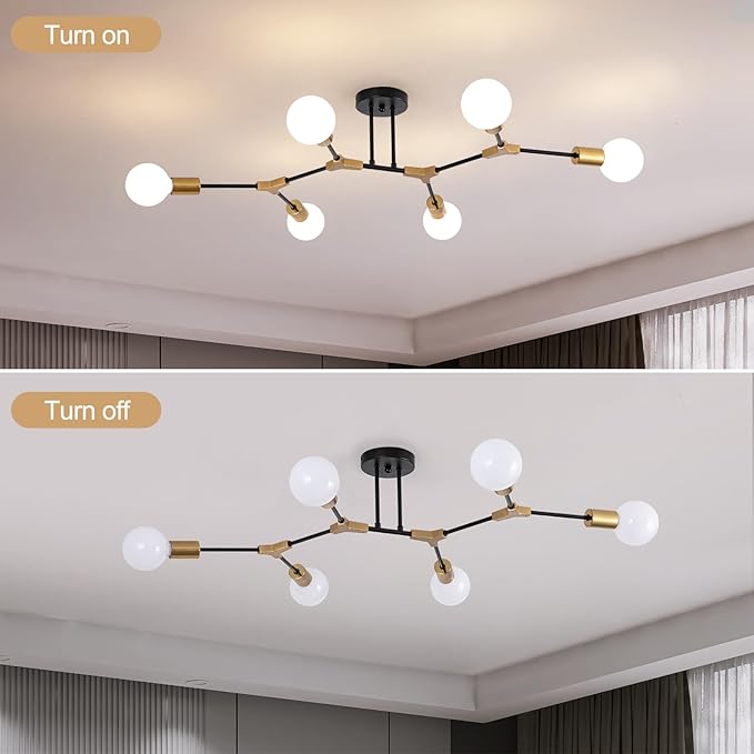 Black and Gold Semi Flush Mount Ceiling Lighting Fixture, 6 Lights Sputnik Chandelier for Living Room, Modern LED Ceiling Light Fixture for Dining Room, Bedroom, Kitchen