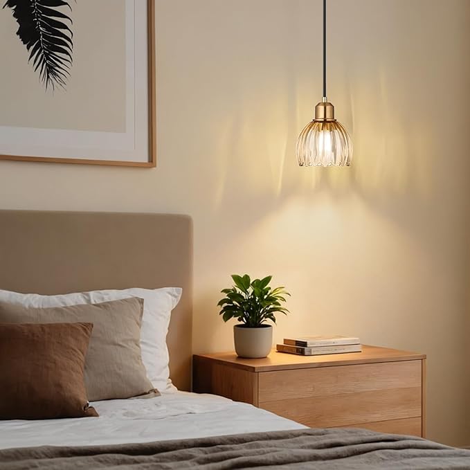 TALOYA Pendant Light with Amber Tulip Glass Lampshade, Brass Vintage Pendant Light Adjustable Hanging Light for Kitchen Island Bedroom Dining Room Hallway& Bar