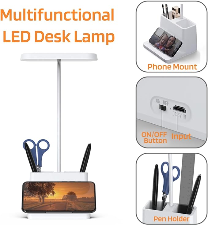 AXX Rechargeable Small Desk Lamp for Home Office Bedroom, Study Table Light for Kids Teens, White, LED, Pen Holder, Mini, Gooseneck, College Dorm Room Lighting for Computer Keyboard Desktop Task
