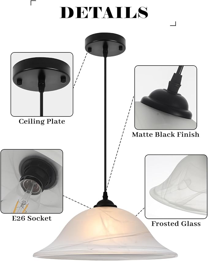 Oversized Black Pendant Lights Kitchen Island, Glass Pendant Light with Frosted, 16 Inch Island Pendant Light 1 Pack, Industrial Farmhouse Pendant Light for Kitchen Island, Dining Room, Bar