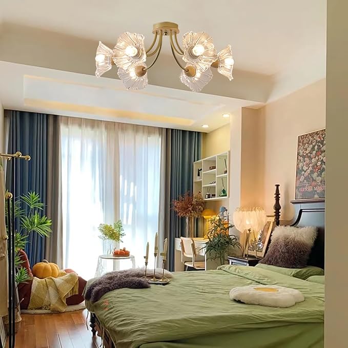 Gold Brass Flush Mount Ceiling Lights Fixture 6-Light Mid Century Modern Ceiling Light with Clear Glass Flower Shape Shade Sputnik Ceiling Lighting for Bedroom Living Dining Room