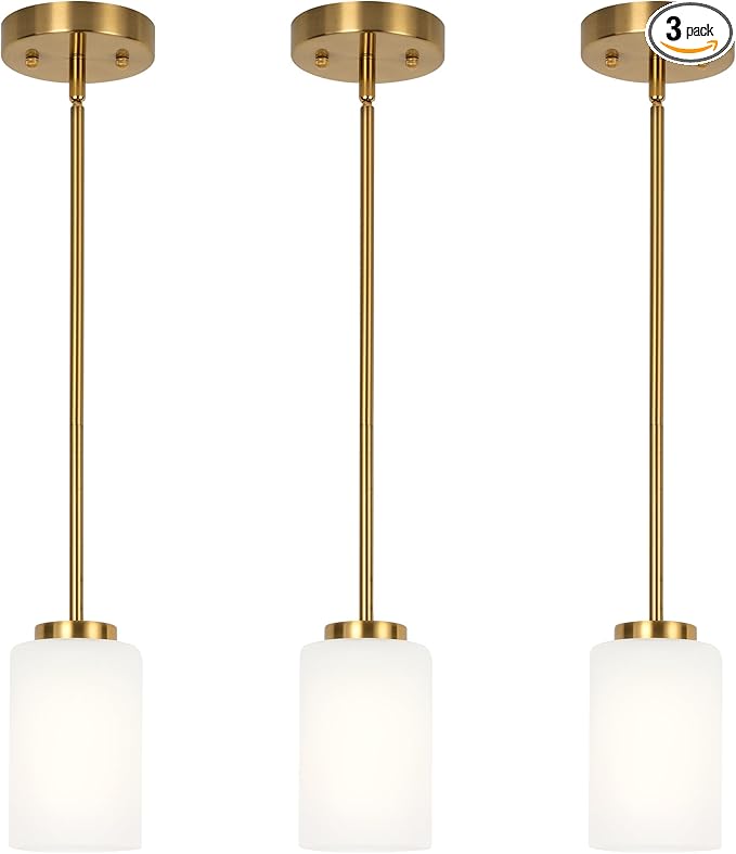 3 Pack Pendant Light Fixtures, Kitchen Island Hanging Lights with Adjustable Rods with White Frosted Glass Shade, Gold Color Ceiling Lamp Mini Pendant Lights for Bedroom Living Room