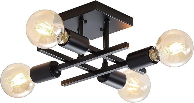 Industrial 4-Light Semi Flush Mount Ceiling Light, Modern Black Chandelier Lighting Fixture, Farmhouse E26 Stock Sputnik Ceiling Lamp for Kitchen Bedroom Living Room Study Entryway, 1 Pack