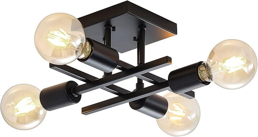 Industrial 4-Light Semi Flush Mount Ceiling Light, Modern Black Chandelier Lighting Fixture, Farmhouse E26 Stock Sputnik Ceiling Lamp for Kitchen Bedroom Living Room Study Entryway, 1 Pack
