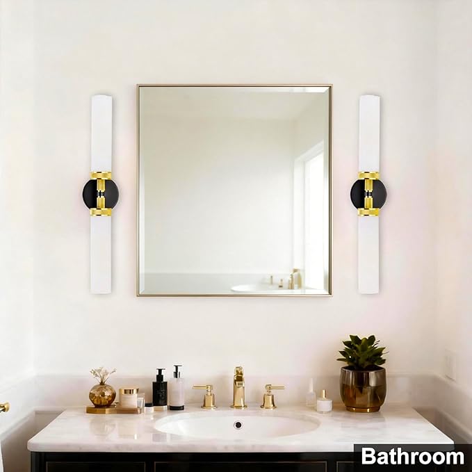 LaLuLa Black and Gold Vanity Light Fixtures – Modern Hardwired Wall Sconces with Milk Glass Shades, Textured Metal Bathroom Lighting for Over Mirror or Hallway, 25" Height