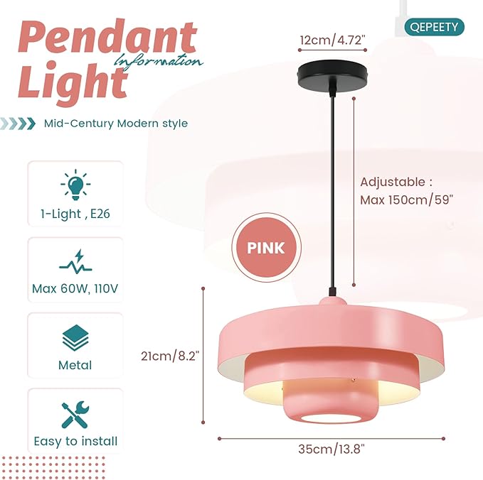Pink Mid Century Chandelier, Adjustable Pendant Light with 59" Cord, Nordic Flush Mount Ceiling Fixture for Girls Bedroom, Apartment, Cafe, Dining Room