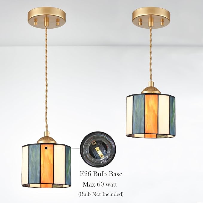 Tiffany Pendant Light Fixture 5.5-Inch Cylinder Stained Glass Pendant Lighting Vintage Tiffany Style Hanging Ceiling Light for Kitchen Island Dining Room Bar Hallway Home Office