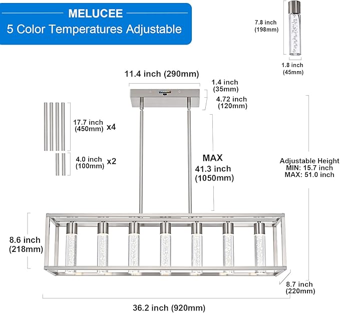 MELUCEE Modern LED Pendant Lights, 7 Lights 35W Dimmable Chandelier 3000K-6000K 5 Adjustable Color Temperature, Kitchen Island Lighting for Kitchen, Dining Room, Billiard Room, Adjustable Height