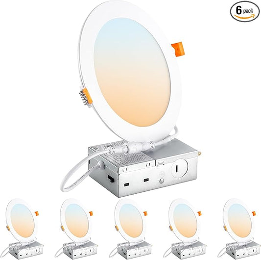 DLLT LED Recessed Ceiling Light: 6 Pack 6 Inch Slim Recessed Lighting for Kitchen - 5CCT Dimmable Canless Wafer Downlight for Living Room - 1200LM Brightness 12W Can Lights for Bedroom ETL FCC