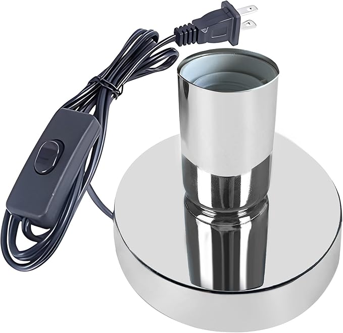 Industrial Table Lamp, Small Polished Metal Desktop Light Socket Base, Vintage E26/E27 Edison Screw Light Bulb Holder, 5.57ft Cord with On/Off Switch and US Plug (Silver)