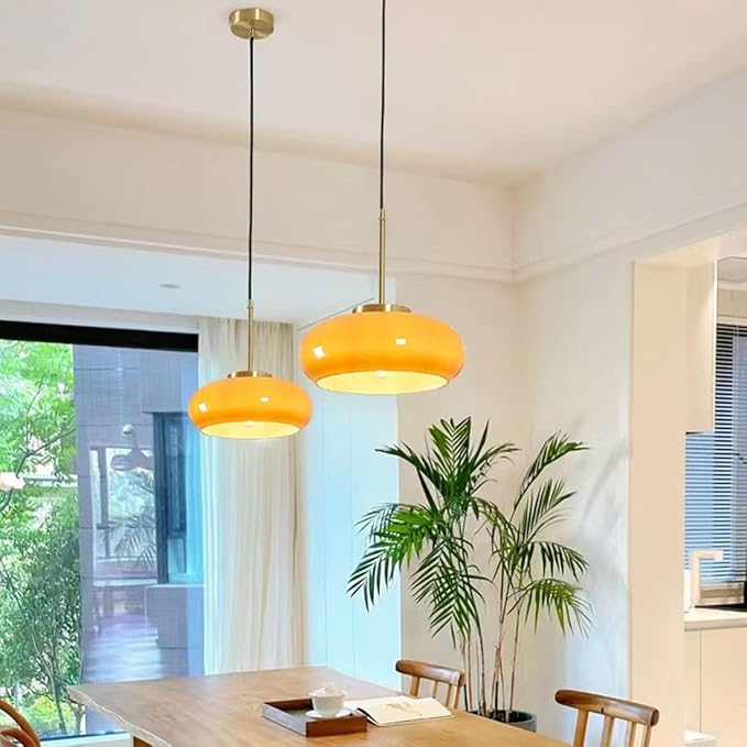 Orange Pendant Light - Glass Hanging Lamp Gold Brass 1-Light Kitchen Island Pendant Lights Fixture Mid Century Modern Ceiling Hanging Lighting with 11 ″ Dome Shade for Dining Room
