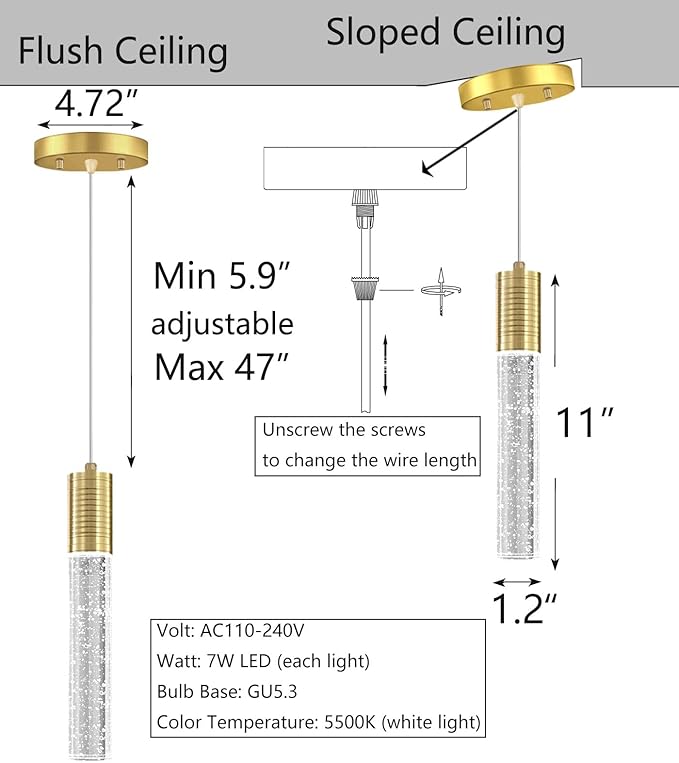 HAIXIANG Set of 2 Pendant Lights for Kitchen Island, White Light, Gold Crystal Linear Pendant Lighting, Bar Corner LED Light Fixture