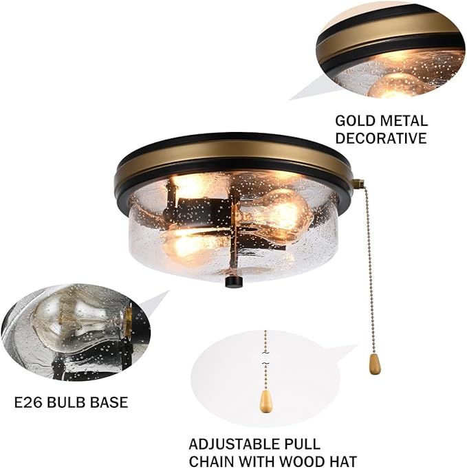 Industrial Farmhouse Close to Ceiling Light Fixture with Pull Chain Matte Black 2-Light Flush Mount Ceiling Light Fixtures with Seeded Glass 11inch