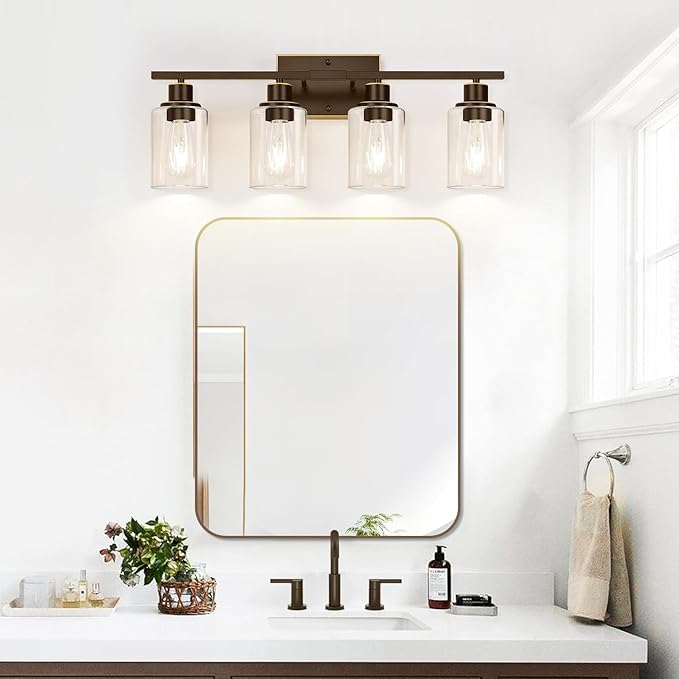 Indoi 4 Light Bathroom Light Fixtures, Oil-Rubbed Bronze Modern Vanity Lights with Clear Glass Shades, Bathroom Wall Lamp for Mirror Living Room Cabinet