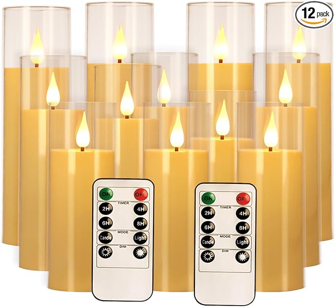 fclayvts 12 Packs of Acrylic LED Candles, Flickering Flameless Candles Battery Operated with Remote Dimmed and Timed, 3D Wick Candles for Home Decor,Wedding,Gift，Parties and Festivals. (3 Size Ivory)