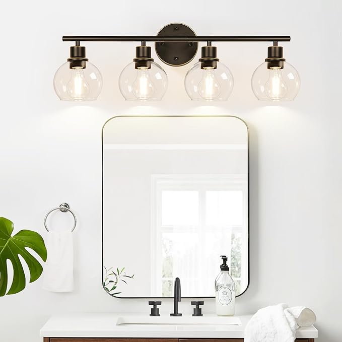 Indoi 4-Light Bathroom Light Fixtures, Oil Rubbed Bronze Bathroom Lights Over Mirror with Clear Glass Globe Shade, Vanity Lights for Bathroom Kitchen Living Room Hallway Cabinet Bedroom Porch