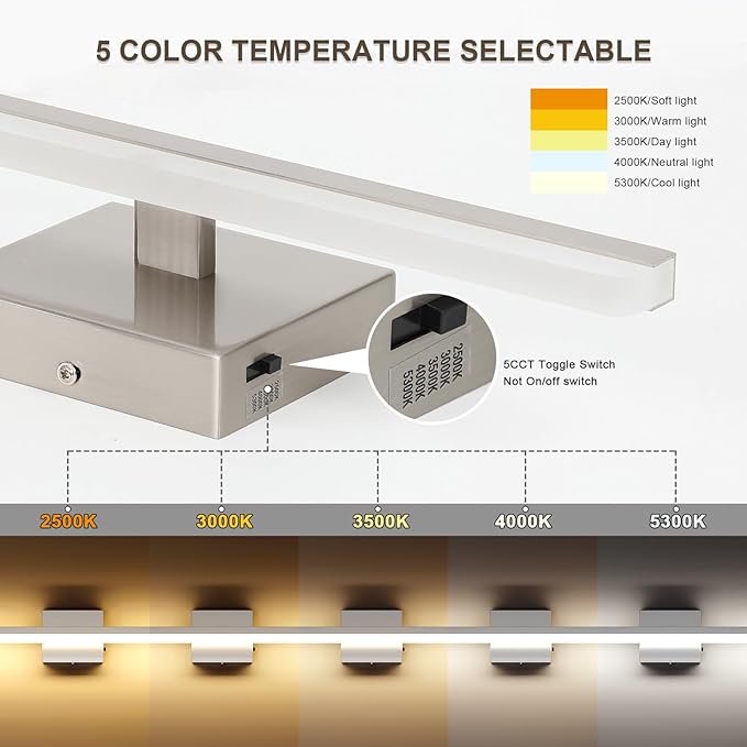 LED Modern Bathroom Light Fixtures 18W Brushed Nickel Vanity Lights Bar 5CCT Dimmable ixture Over Mirror Vanity Light for Bathroom Lighting 24 inch ETL Certificated