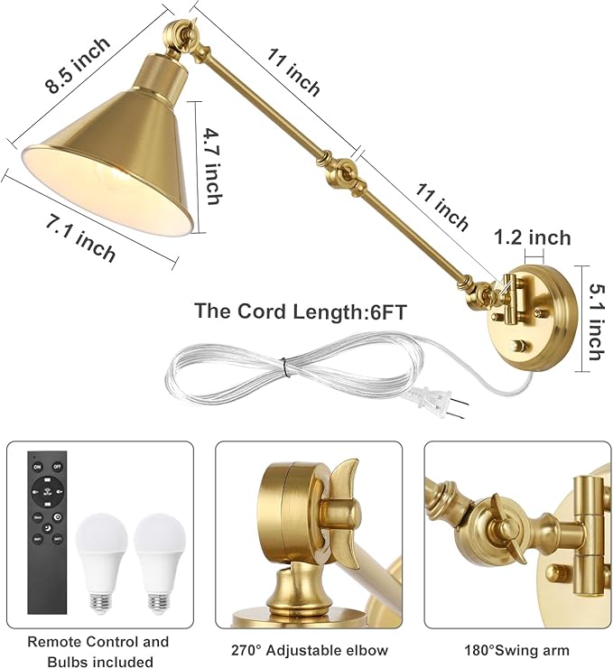 TRLIFE Wall Sconce with Remote Control, Brushed Brass Plug in Wall Sconces Dimmable and Adjustable Color Temperature 2700K-6000K, Swing Arm Wall Lights with Plug in Cord, UL Listed(2 Pack, 2 Bulbs)