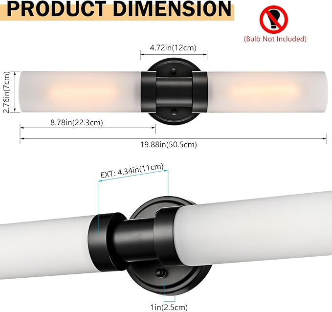 Modern 2-Light Black Wall Sconce, Cylinder Frosted Glass Bathroom Wall Light Fixtures 20-Inch Black Glass Sconces Wall Lighting for Bedroom Living Room Hallway