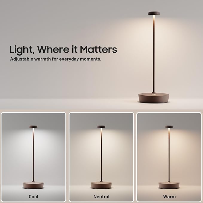 Cordless LED Table Lamp，Rechargeable Battery Desk Lamps, 3 Color Stepless Dimmable Metal Battery Table Lamps, Portable Waterproof Table Light for Indoor/Outdoor/Restaurant (Rust)