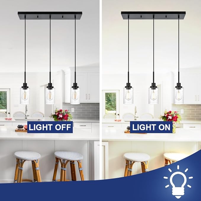 TODOLUZ Pendant Light Fixtures, 3-Lights Adjustable Modern Hanging Light with Seeded Glass, Kitchen Island Lighting for Over Table Dining Room