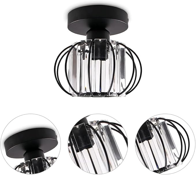 FRIXCHUR Black Modern Semi Flush Mount Ceiling Light Fixture Ceiling Light Shade Mini Crystal Chandeliers Ceiling Light for Kitchen Island Hallway Closet Dining Room Bedroom Staircase E26 Base