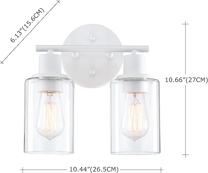 WISBEAM 2-Light Bathroom Vanity Light, White Bathroom Light Fixture with Clear Glass Shade Including E26 Medium Base, Bulb NOT Included, Vanity Light Over Mirror