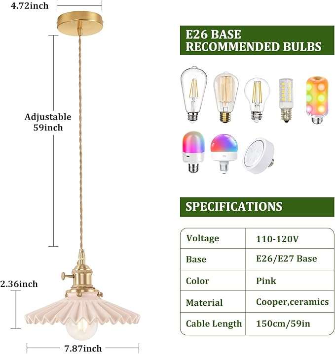 Shenmoyl Pendant Light with Pink Pleated Ceramic Lmapshade, Brass Vintage Pendant Light Adjustable Hanging Light for Kitchen Island Dining Room Hallway