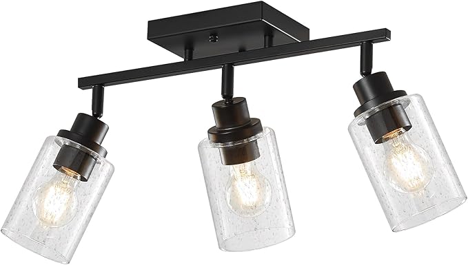LOUSACE 3 Light Track Lighting Fixtures Ceiling with Rotatable E26 Heads, Bathroom Vanity Light Ceiling with Seeded Glass Shade, Kitchen Light Fixtures Over Sink for Kitchen Island Dining Room