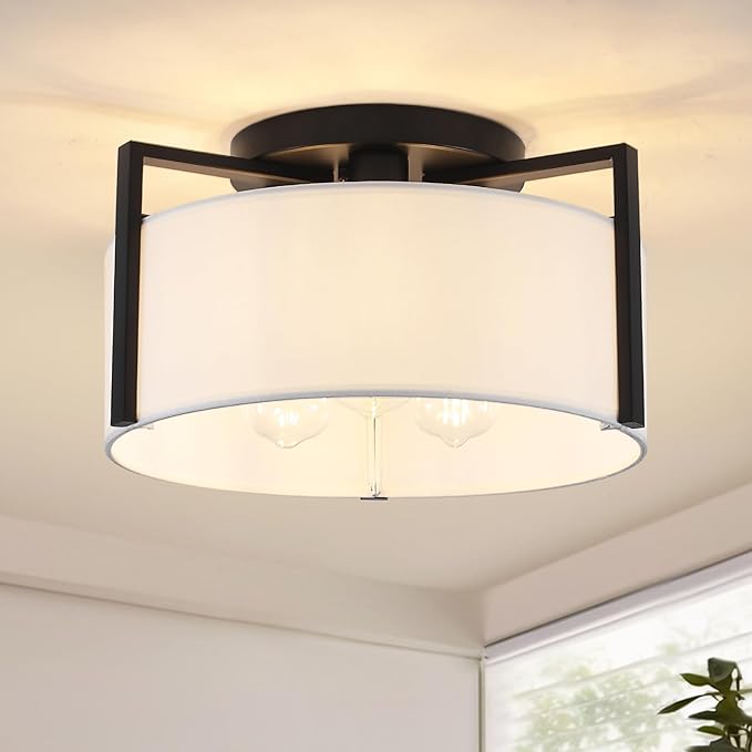 15" Semi Flush Mount Ceiling Light, 3-Light Modern Kitchen Hallway Light Fixtures with Drum White Shade, Metal Close to Ceiling Lights for Entryway Living Room Bedroom Dining Room Foyer, Black