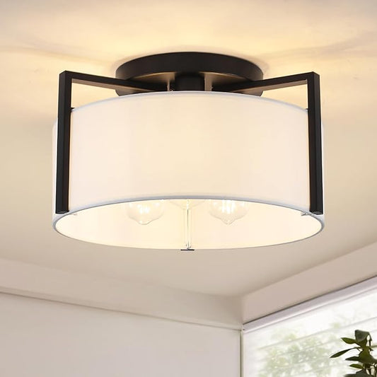 15" Semi Flush Mount Ceiling Light, 3-Light Modern Kitchen Hallway Light Fixtures with Drum White Shade, Metal Close to Ceiling Lights for Entryway Living Room Bedroom Dining Room Foyer, Black