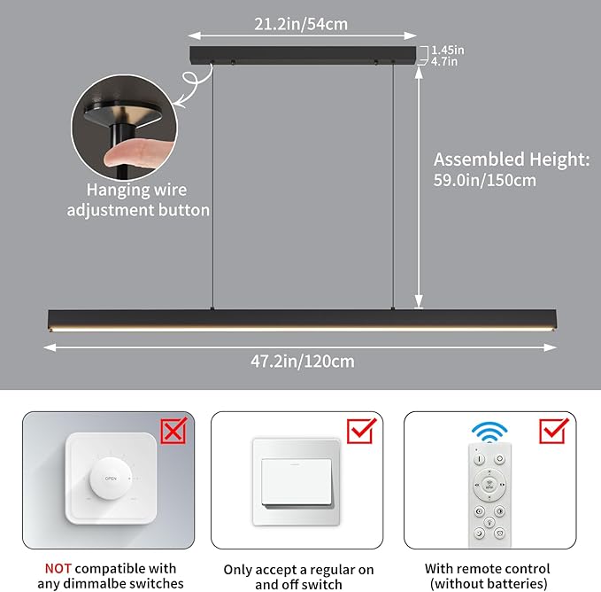 Modern LED Linear Pendant Light, 47IN Ceiling Chandlier Light Fixtures Hanging with Remote Control 3000k-6500K Adjustable Color Temperature Island Light for Dining Room, Kitchen