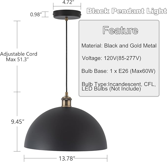 13.78" Modern Industrial Black Pendant Lights Vintage Farmhouse Black Gold Pendant Lighting Dome Golden Pendant Light for Kitchen Island, Dining Room, Bedroom, Hallway, Living Room, Bars