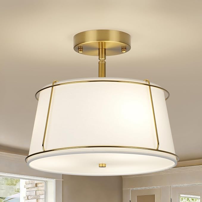 13'' Semi Flush Mount Ceiling Light Fixture, 3-Light Gold Light Fixtures Ceiling Mount with White Drum Fabric Shade,Modern Close to Ceiling Light for Bedroom Dining Room Kitchen Hallway (Adjustable)