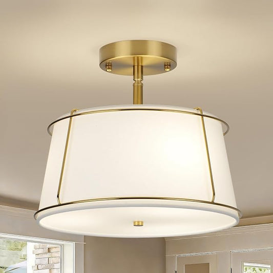 13'' Semi Flush Mount Ceiling Light Fixture, 3-Light Gold Light Fixtures Ceiling Mount with White Drum Fabric Shade,Modern Close to Ceiling Light for Bedroom Dining Room Kitchen Hallway (Adjustable)