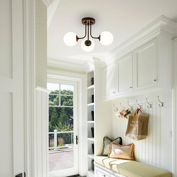 Modern Semi Flush Mount Ceiling Light,Black White Glass Shade Semi Ceiling Light 3-Light,Sputnik Chandeliers for Bedroom Hallway Dining Room Lighting Fixture, HL-23072702