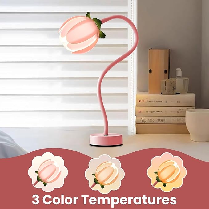 ONXE Flower Table Lamp,Rechargeable Vintage Reading Light Tulip Desk Lamps,3 Colors Modes Bedside Lamps Decor,Living Room Bedroom Room Lighting Night Light Home Valentine Gifts for Women & Teens