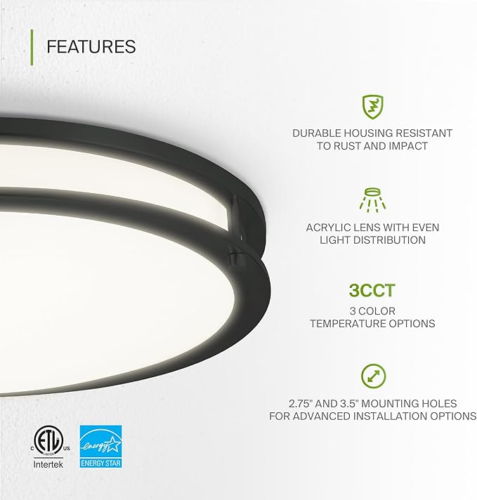 ASD LED 16" Round Flush Mount Lighting, Close to Ceiling Light Fixture | 3CCT, Dimmable, Energy Star, ETL Listed | 24W 1854LM 3000-5000K 120V | Low Profile Double Ring Lamp | Black