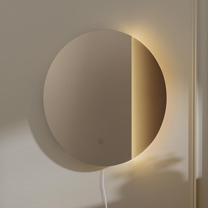ONEWISH LED Wall Sconce, Dimmable Mirror Wall Lamp,16.93 inch Round Wall Lights for Bedroom with Memory Function, Wall Lamps for Living Room Entryway, Smoky Gray