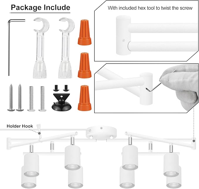 Plug in Track Lighting LED, Track Lighting Fixtures Ceiling, White 8-Light Kitchen Light Kit, Plug in Wall Light with 14.8ft Power Cord, Rotatable Ceiling Spotlight for Bedroom(GU10 Socket, NO Bulb)