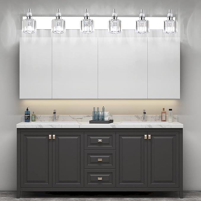 Ralbay Crystal Vanity Lights 6 Light 48" Modern Crystal Bathroom Lights Fixtures Over Long Mirror Stainless Steel Chrome Vanity Light for Bathroom Wall Lights Fixtures