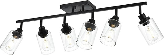 6-Light Track Lighting Kit Black Track Lighting Fixtures Bathroom Wall Sconces Ceiling Mount Kitchen Tracking Lights, Rotatable Spotlight with Clear Glass Shade for Kitchen Shop Hallway