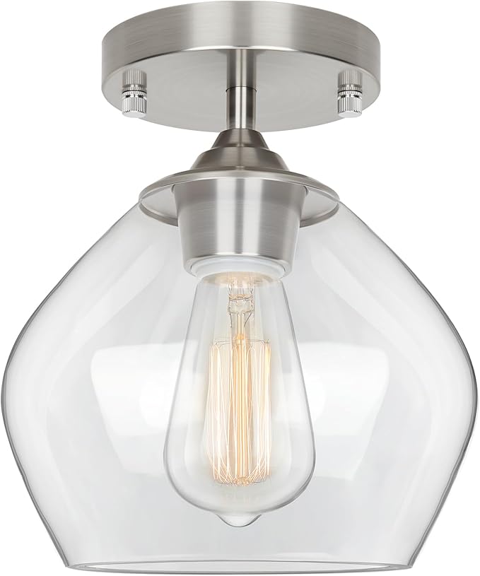 Modern Semi Flush Mount Ceiling Light with Clear Glass Shade, Industrial Close to Ceiling, Nickel Hanging Ceiling Light Fixture for Hallway, Bedroom, Dining Room, Entryway, Foyer