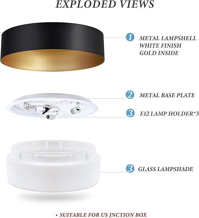 Vikaey Modern Flush Mount Ceiling Light, 3-Light Minimalist Round Close to Ceiling Light Fixture, Black and Gold Drum Ceiling Lamp with Glass Lampshade for Bedroom, Living Room, Kitchen, 16.5in