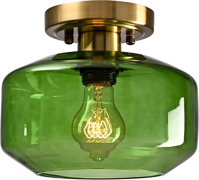 Vintage Semi Flush Mount Ceiling Light with Open Green Glass Shade Mid Century Modern Light Fixture for Living Room, Hallway, Bedroom