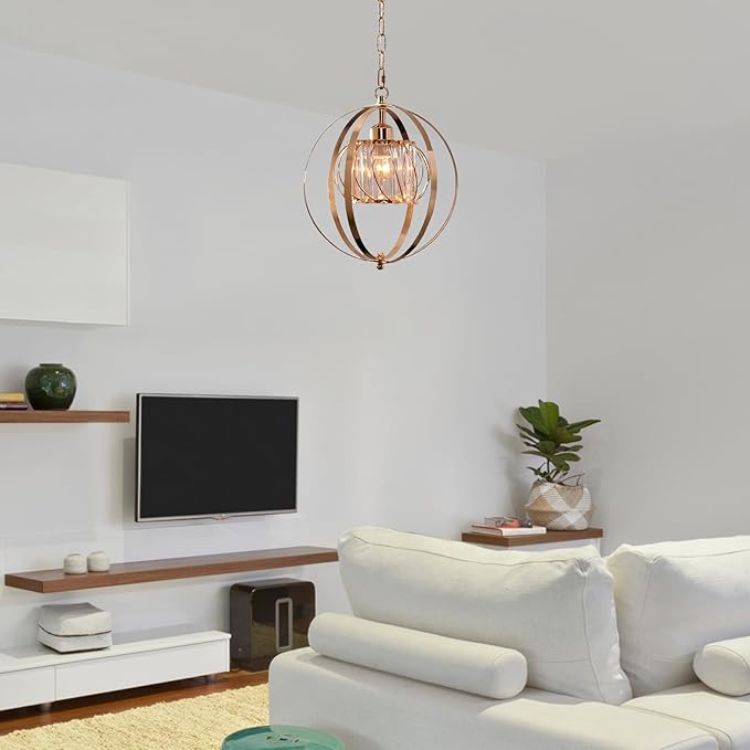 FRIXCHUR Gold Crystal Pendant Light, Adjustable Hanging Light Fixture with Pumpkin-Shaped Crystal Shade, E26 Base Metal Lantern Pendant Ceiling Light for Kitchen Island, Dining Room, Entryway, Foyer
