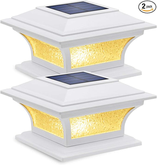 SIEDiNLAR Solar Post Lights Outdoor Glass LED Fence Cap Light 2 Modes for 4x4 5x5 6x6 Posts Patio Deck Garden Decoration Warm White/Cool White Lighting White (2 Pack)
