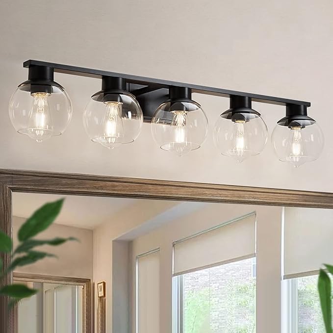 5-Lights Black Bathroom Vanity Lights, Modern Bathroom Lighting Fixtures with Globe Glass Shade, 37in Matte Black Wall lamp for Bath Over Mirror Kitchen Cabinet Bedroom Hallway Living Room Farmhouse