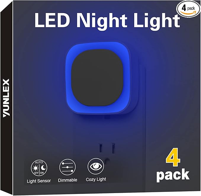 YUNLEX 4 Pack Plug in Blue Night Light, Dusk to Dawn Sensor, LED Nightlight for Mood Lighting, Glare-Free Reflected Light, Dimmable, Auto On/Off Light for Bathroom, Hallway, Gaming Room, Home Decor