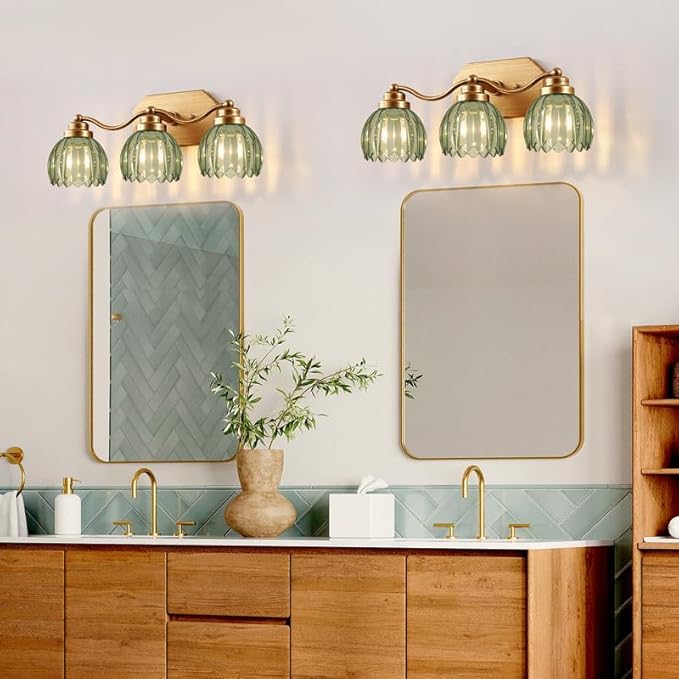 VbiTmn Gold Bathroom Light Fixtures, 3 Light Vintage Vanity Lights, Antique Brass Brushed Gold Finish, Crystal Green Glass Shade, Mid Century Wall Sconces for Bedroom, Living Room, Hallway